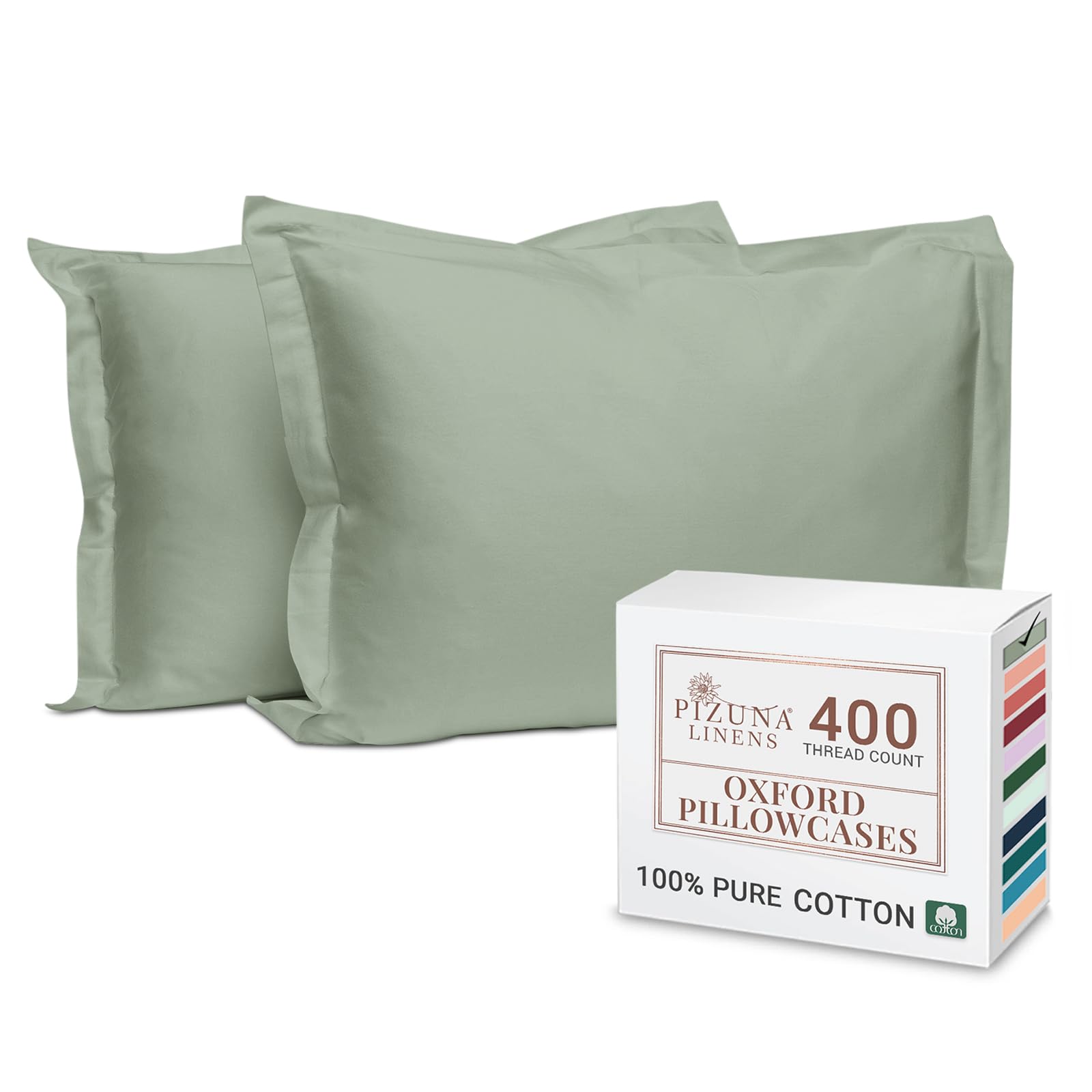 Pizuna 100% Cotton Long Pillow Cases 2 Pack 50x90cm King Size Pillow Covers Seafoam Sage, 400 Thread Count Long Staple Combed Cotton Pillowcases, Luxurious Soft Sateen Large Pillowcases 2 pack
