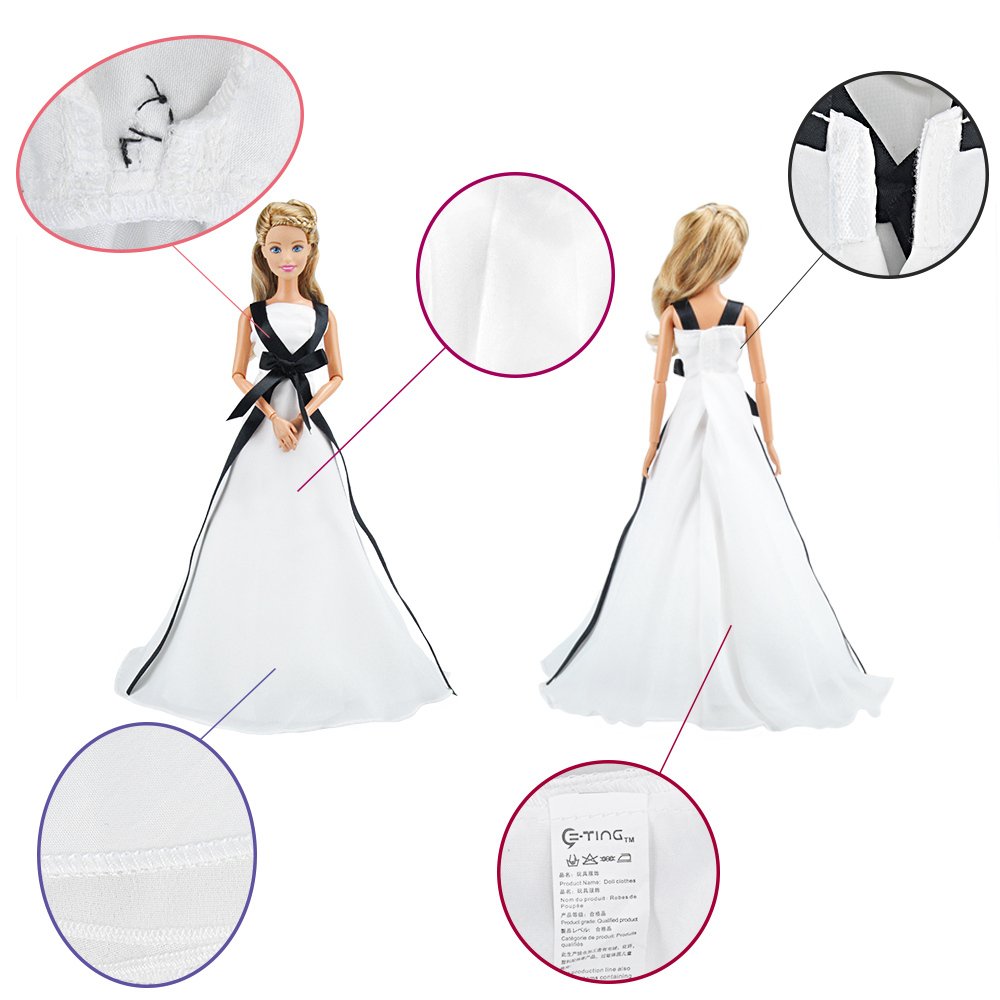 E-TING Barbie Fashionista Wedding Party Dress Handmade Clothing for Barbie Doll (Black Ribbon White Wedding Dress)