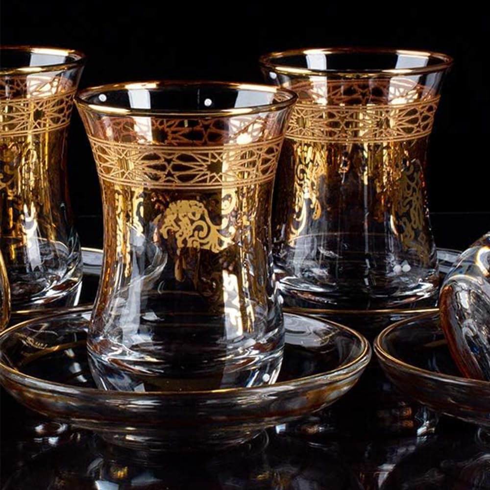 Vintage Turkish Moroccan Tea Glasses Cups Set of 6 and Saucers Glassware Teacups for Party Adults Arabic Fancy Decorative Serving Persian Kitchen Women Style Gift Drinking Luxury Gold Drinkware Glass
