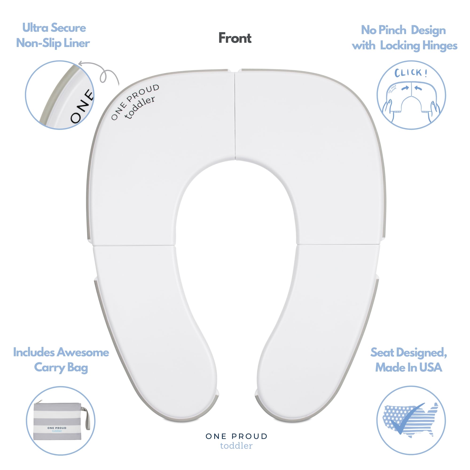 Travel Potty Seat, Ultra Compact, Ultra Non-Slip, Seat Made in USA, No-Pinch Locking Hinges, Easy to Clean, Included Carry Bag