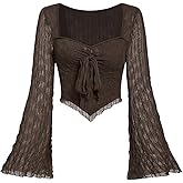 SOLY HUX Women's Long Bell Sleeve Tops Mesh Sweetheart Neck Going Out Crop Top Casual Asymmetrical T Shirts Tees