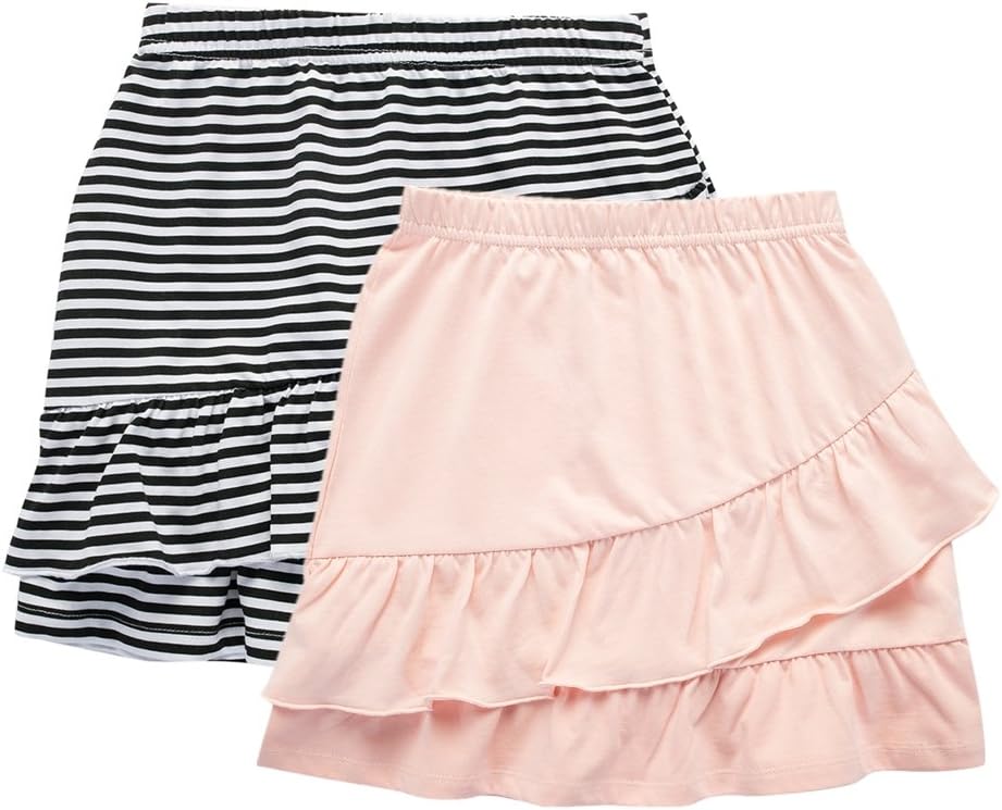 UNACOO2 Packs 100% Cotton Tiered Ruffle Skirt with Elastic Waistband for Girls