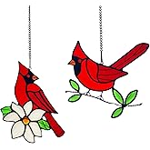 Lcensp 2 Packs Stained Glass Red Cardinal Memorial Gifts for Women, Stained Glass Window Hanging, Red Cardinal on Branch Ornament Suncatcher, Handmade Bird Decor Gift for Mom, Bird Lover
