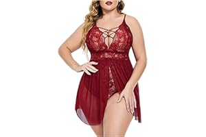 BORNIU Womens Plus Size Babydoll Lingerie Lace Chemise Sexy Mesh Sleepwear Deep V Teddy Nightdress for Sexy Naughty Play