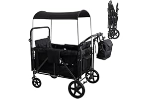 Voupou Wagon Stroller Folding Wagon Push-Pull Stroller Four-Wheel Trolley for 4 Kids with 5-Point Harnesses Safety Belt,Detachable Seats,Removable Canopy,Double Push bar for 1-5y+ Kids