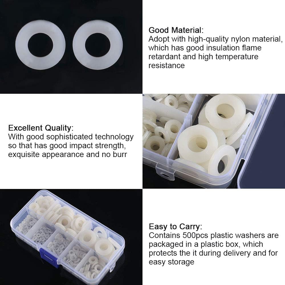 KINDPMA 500 Pcs Nylon Washer Round Plastic Washers White Flat Washer M2 ...