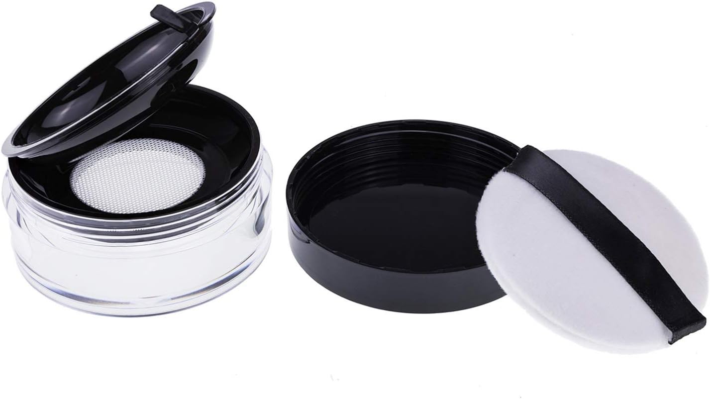 AKOAK Capacity 10 ml(0.33 oz) No Leaks Empty Reusable Plastic Loose Powder Compact Container DIY Makeup Powder Case with Sponge Powder Puff, Double-deck Elasticated Net Sifter and Threaded Screw Lid