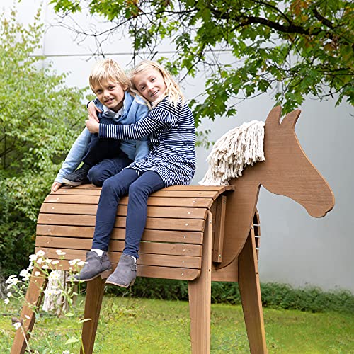 roba Solid Wood Riding Horse for Children – Weather Resistant – Seat Height 89 cm – Aerobatic Horse for Boys and Girls from 3 Years – Tinted Teak