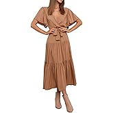 R.Vivimos Summer Dress for Women Cotton Ruffle Short Sleeves V Neck Casual Flowy Midi Dress with Belt
