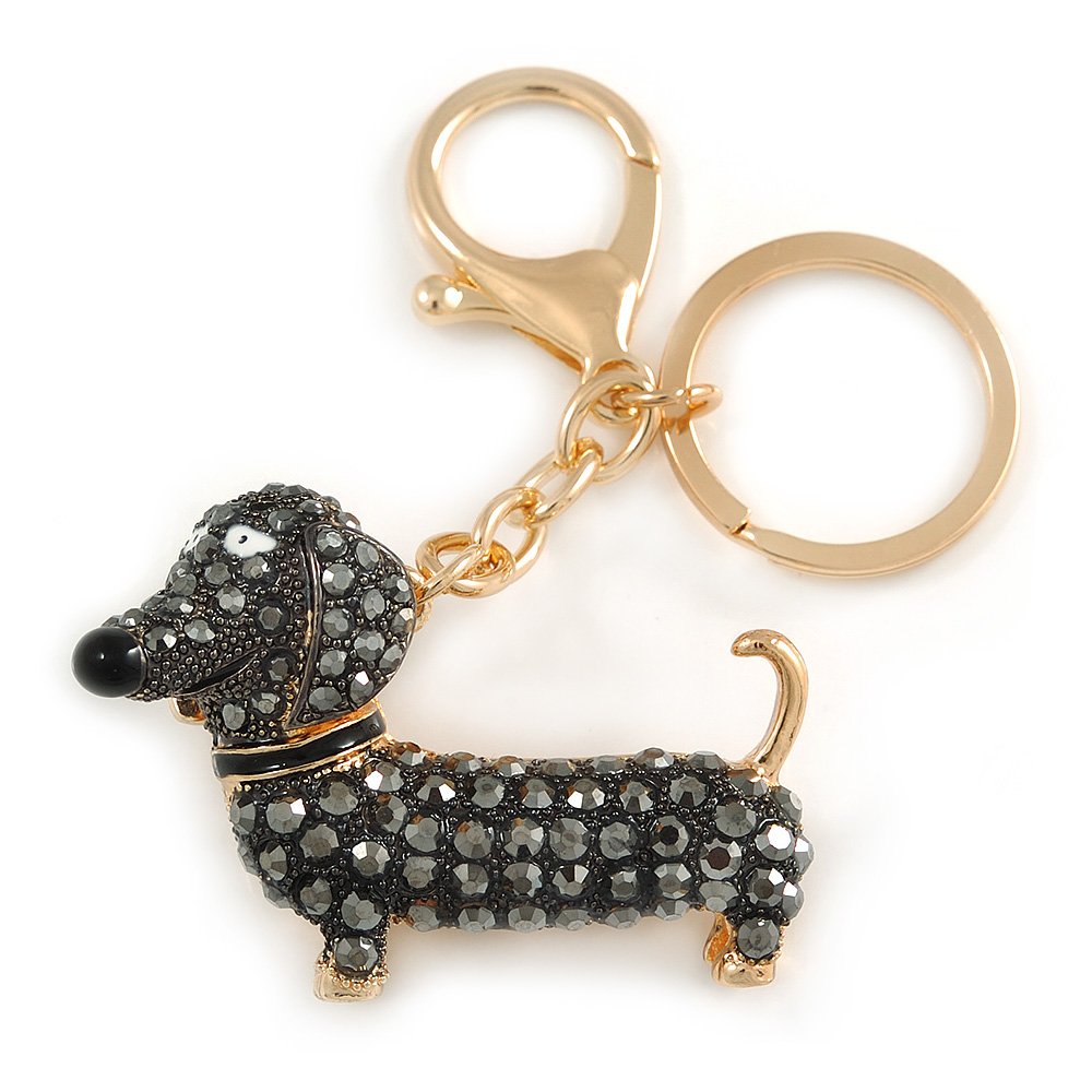 Avalaya Hematite Crystal Badger-Dog Keyring/Bag Charm In Gold Tone Metal - 7cm L