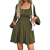 Mieazom Women Bell Long Sleeve Mini Dress Square Neck Button Down A Line Pleated Winter Fall Dresses with Pockets