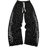 BEAUDRM Men's Rhinestone Baggy Sweatpants Y2k Drawstring Waist Wide Leg Track Pants Streetwear with Pockets