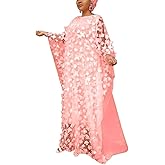 HD Afircan Women Applique Flower Dress Boat Neck Caftan Chiffon Gown One Size