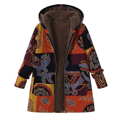 Damen Winter Mantel Große Größe Rovinci Vinitage Leinen Blumendruck Hoodie Jacke Fleece Pullover Kapuzenpullover Winterjacke 