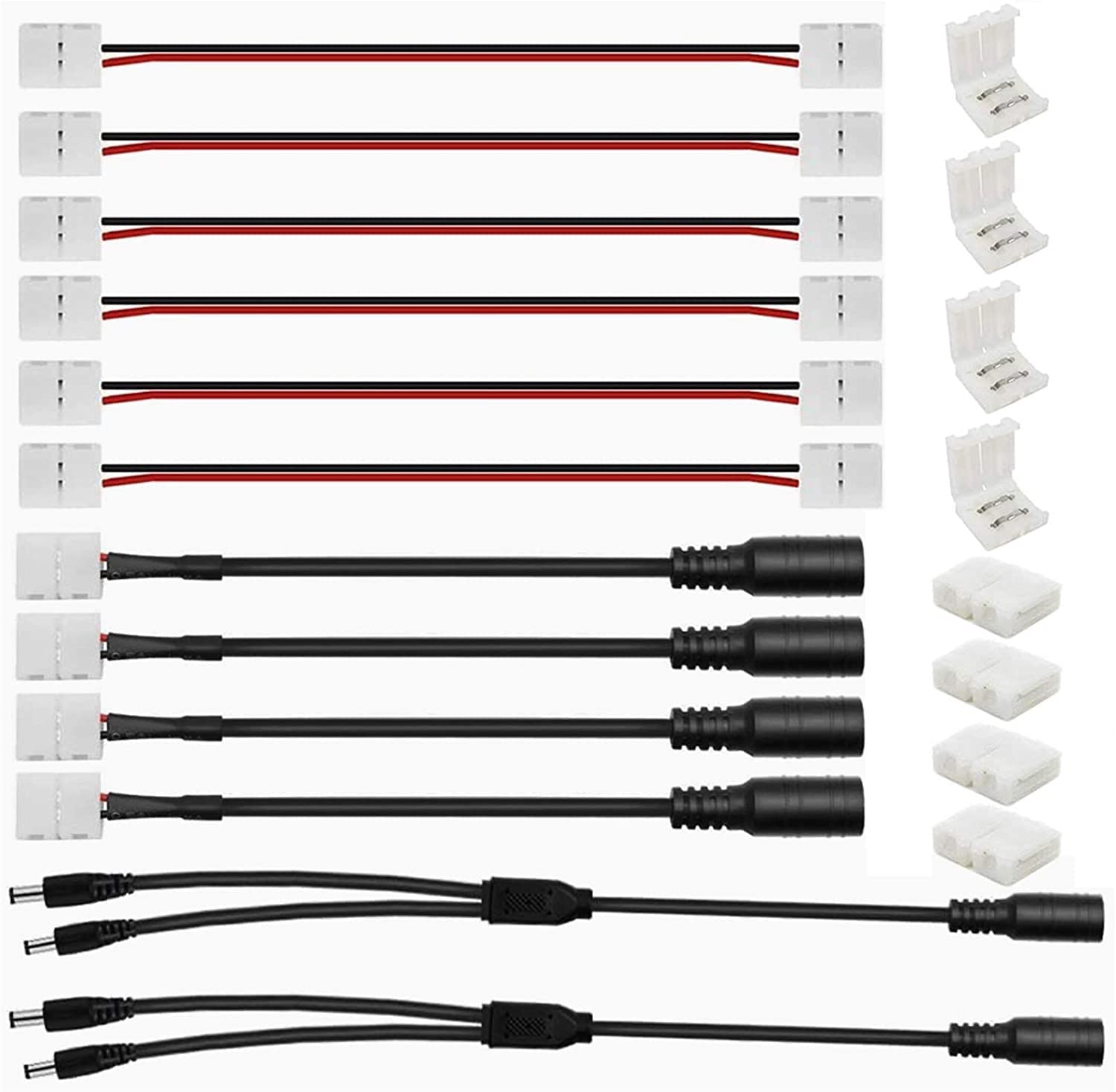 GTIWUNG Solderless LED Strip Connector Kit - 20Pcs Includes 6xLED Strip, 8xGapless, 4xDC, 2xPower Splitter Cables"}(Only Output the JSON in the format "{"Title": "