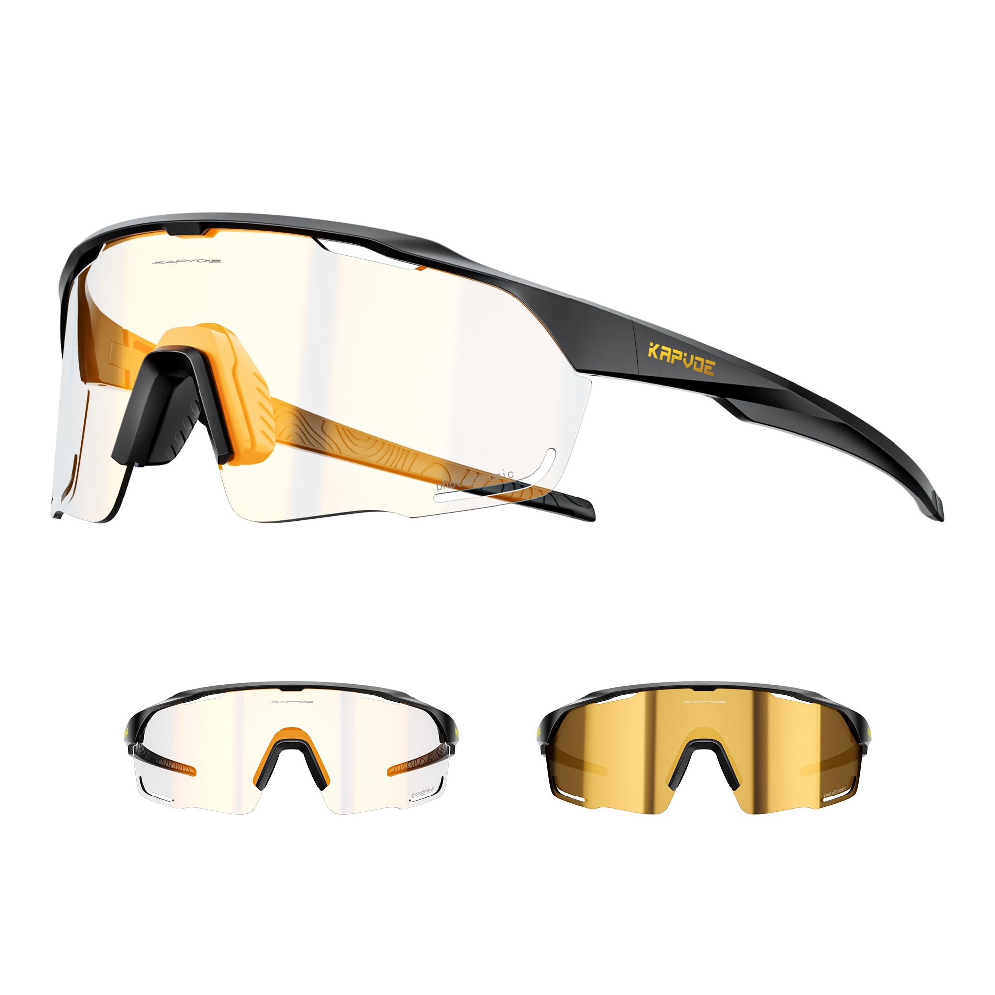 KAPVOE Photochromic Cycling Glasses Sports Sunglasses Clear UV400 Protection Women Men Bike Goggles Running MTB Bicycle Fishing Riding Golf Driving Hiking Glass Cycle Gold Black 12 — image 1