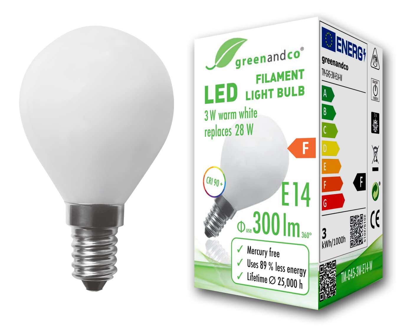 greenandco® CRI 90+ E14 G45 Globe LED Filament Bulb Frosted 3W Replaces 28W 300lm 2700K Warm White 360° 230V, no Flicker, not dimmable