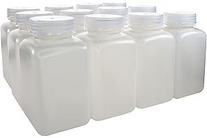 EISCO - Pack of 12, 500mL Square HDPE Reagent Bottles with Wide Mouth Polypropylene Caps, Translucent, Non-Sterile, Chemical 