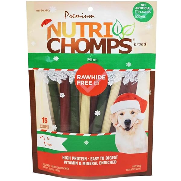NUTRICHOMPS DOG CHEWS, 5 INCH STICKS, MINT FLAVOR, 15 COUNT, EASY TO DIGEST, RAWHIDE FREE, HOLIDAY STOCKING STUFFER TREATS, CHRISTMAS GIFT FOR DOGS
