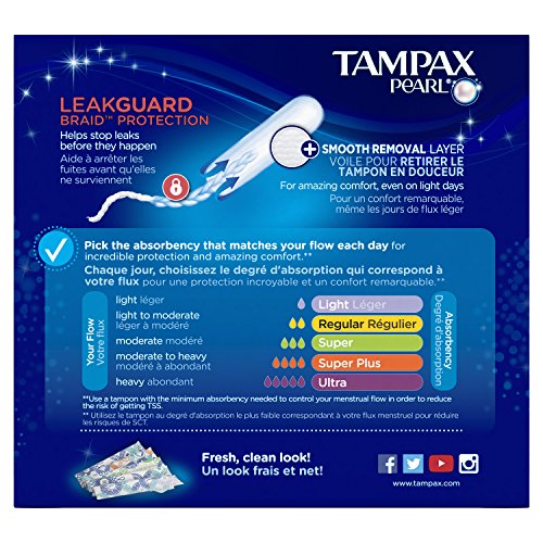 Tampax Pearl Plastic Tampons, Regular Absorbency, Unscented, 50 Count