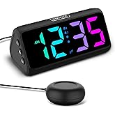 Netzu Loud Alarm Clock for Heavy Sleepers Black | Plug-in RGB Vibrating Alarm Clocks with Bed Shaker, 5 Dimmers, 2 Alarms and Snooze for Bedrooms Hearing Impaired Deaf Adults