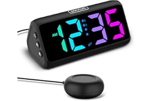 Netzu Loud Alarm Clock for Heavy Sleepers, Plug-in RGB Vibrating Alarm Clocks with Bed Shaker, 5 Dimmers, 2 Alarms and Snooze for Bedrooms Hearing Impaired Deaf Adults (Black)