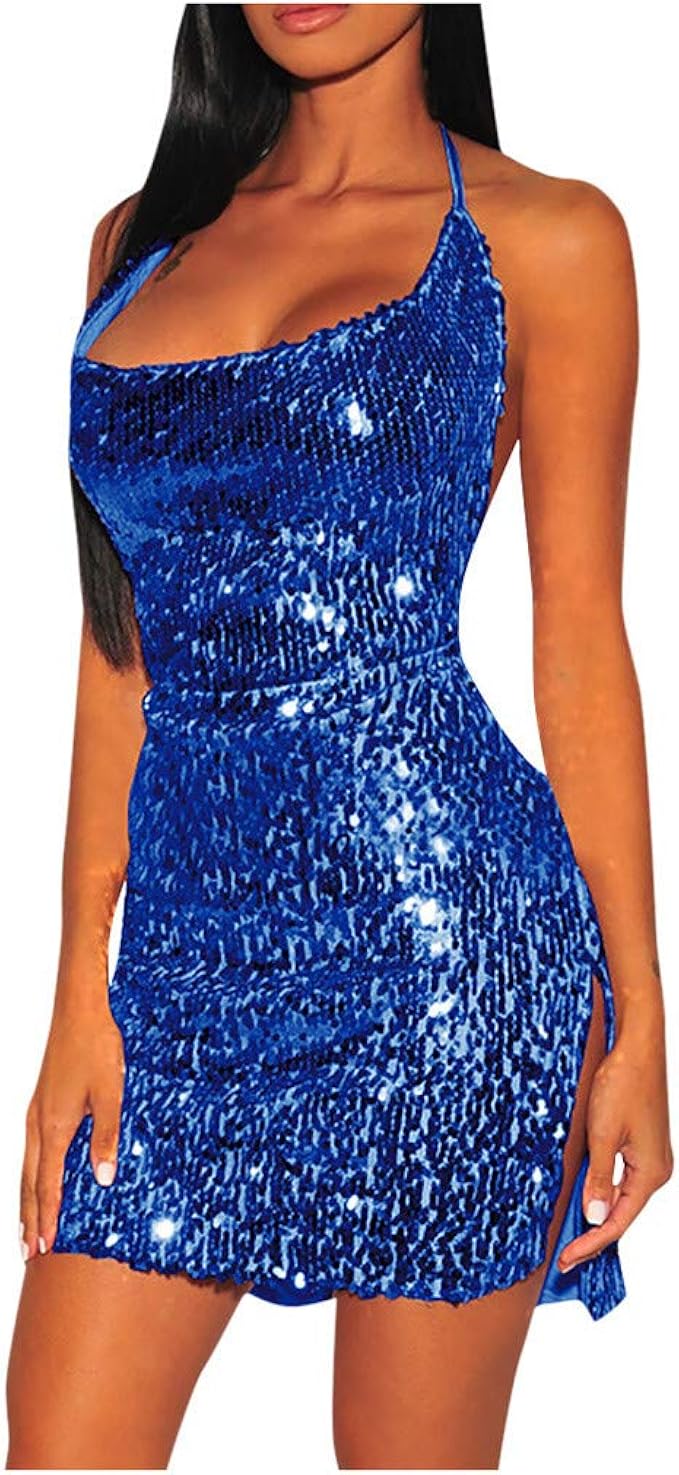open back glitter sequin halter dress