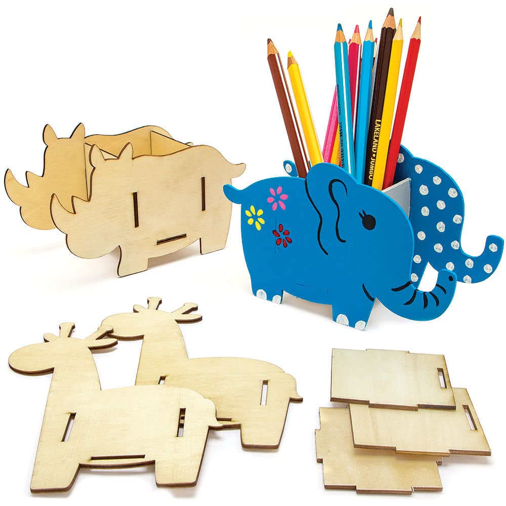Baker Ross FC920 Elephant Giraffe and Rhino Wooden Pen Pot Kits - Pack of 3, Wood Crafts Stationary Storage for Kids, Arts and Crafts for Kids