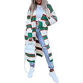 KZIYBON Women's Striped Cardigan Sweater Long Trendy Loose-Fitting Coat with Side Pockets