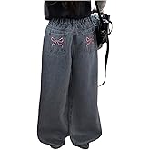 SweatyRocks Girl's Cute Y2K Straight Leg Baggy Jeans Bow Embroidery High Elastic Waist Denim Pants