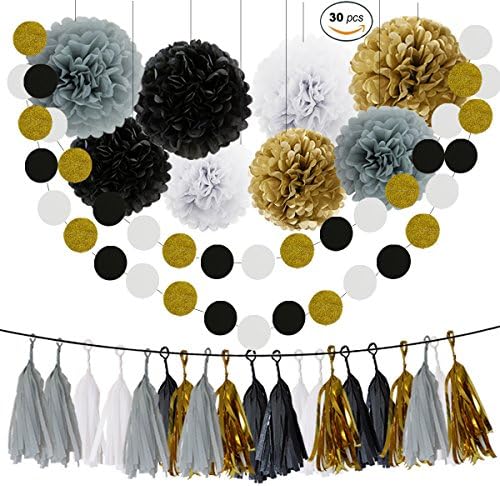 Grey Black Gold White Tissue Pom Poms 30 Pcs Paper Flowers Tissue Tassel Paper Garland Black Gold White Circle Garland Kit for Baby Shower Decoration Wedding Nursery Decorations Bridal Shower