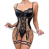 Myilewjt Faux Leather Corset Garter Lingerie For Women Underwire Lace Teddy Plus Size Bodysuit Tummy Control Cosplay Black