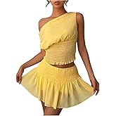 WDIRARA Women's One Shoulder Mesh Asymmetrical Tank Top and Ruched Mini Skirts 2 Pieces Outfits