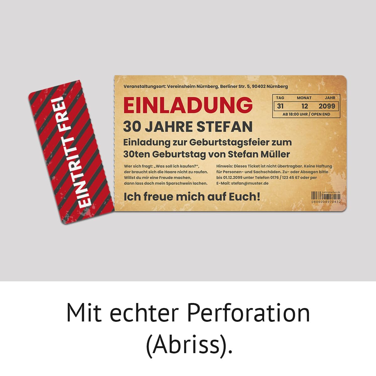 Kartenmachen.de Personalisierte Ticket Einladungskarten zum Geburtstag 10 bis 100 Stück als Eintrittskarte mit echtem Abriss, Vintage Party, Umschläge optional, 300g/qm Kartonpapier, für jedes Alter 3