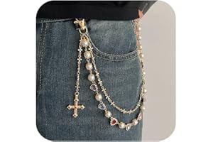 QWALIT Silver Gold Cross Pants Chain for Men Trendy Pearl Jean Chains for Women Gold Biker Wallet Pocket Chain for Pants Colorful Heart Rhinestone Jean Chains Punk Hip Party Music Festival Accessories