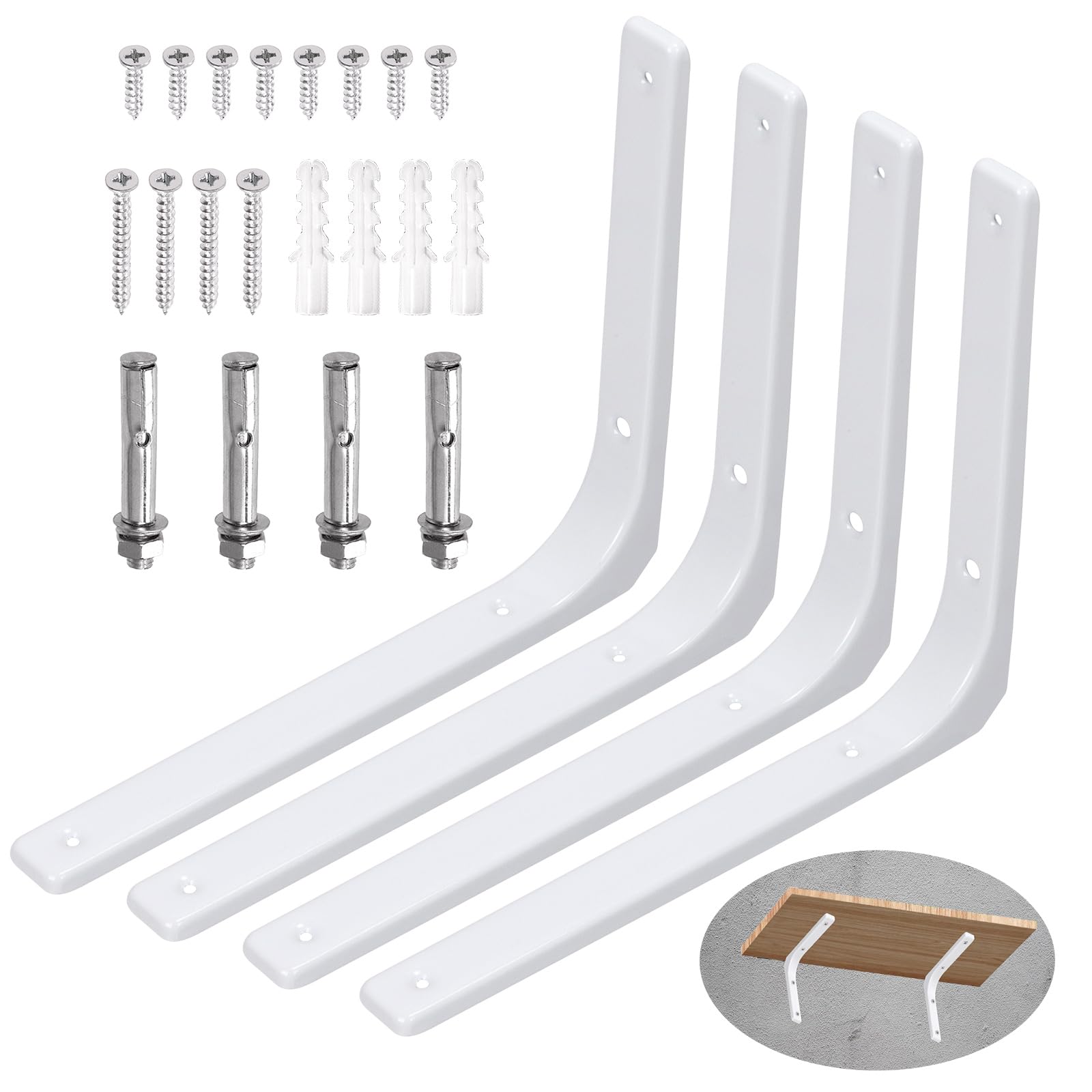 Swpeet 4 Pack 12"L x 10"H Metal Wall Shelf Bracket, Heavy Duty Floating Shelf Support Bracket, Decorative Joint Angle L Steel Bracket Kit Contains 20/40MM Screws, Anchors, Bolts for Home Decor, White