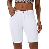 roswear Women's Denim Bermuda Shorts Mid Rise Stretchy Rolled Hem Long Jean Shorts