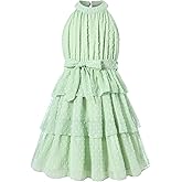 Move Dance Girls Halter Neck Dress Summer Flared A-Line Swiss Dot Chiffon Sundress 6-13 Years Old