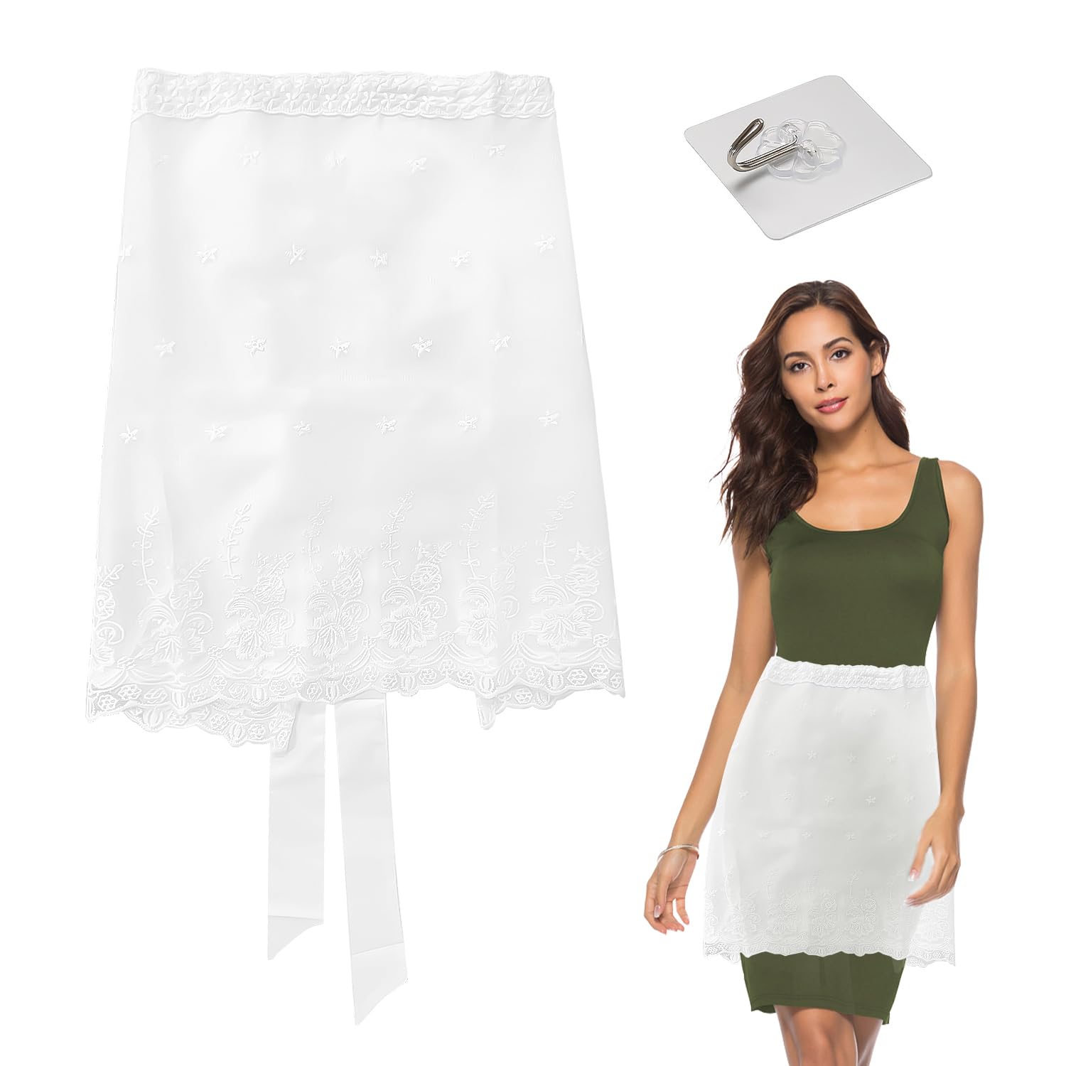 USHXVG 1 Women's Half Apron, Transparent Hook, Lace Waist, Vintage Gardening Apron (White)