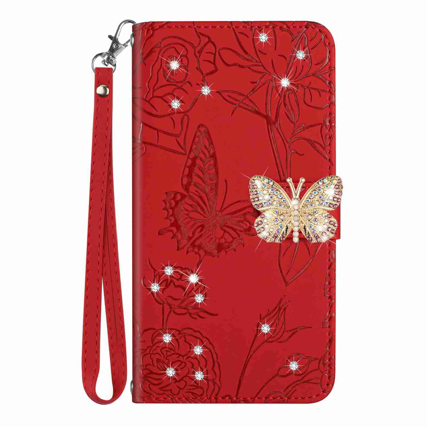 Reevermap Honor 70 Case Glitter Crystal PU Leather Cover for Honor 70, Protective Flip Wallet Embossed Butterfly & Flower Shiny Magnetic Clasp Bumper with Kickstand, Red