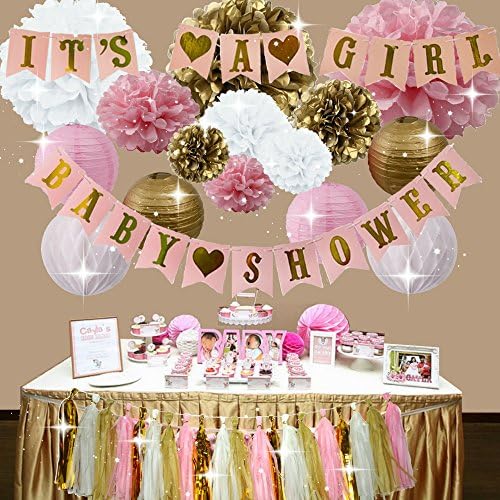 Pink and Gold Baby Shower Decorations for Girl, IT'S A GIRL + BABY SHOWER Garland Bunting Banner, Tissue Paper Pom Poms, Paper Lanterns, Paper Honeycomb Balls, and Tissue Paper Tassels 37 Piece set