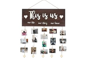 SELEAD Hanging Photo Display for Wall DIY Picture Board - This Is Us Our Life Our Story Our Home Sign Picture Holder with Clips, Rustic Wooden Home Decor for Family Housewarming Gifts, 15.7 x 6.3
