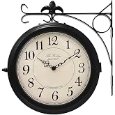 BESTIME 66276B Double Sided Metal Wall Clock with Black Frame.Dial: 10-Inch,Quiet,Easy Read,Retro Station,Antique Hanging Clocks for Garden,Home Decor,Indoor,Outdoor,Living Room.