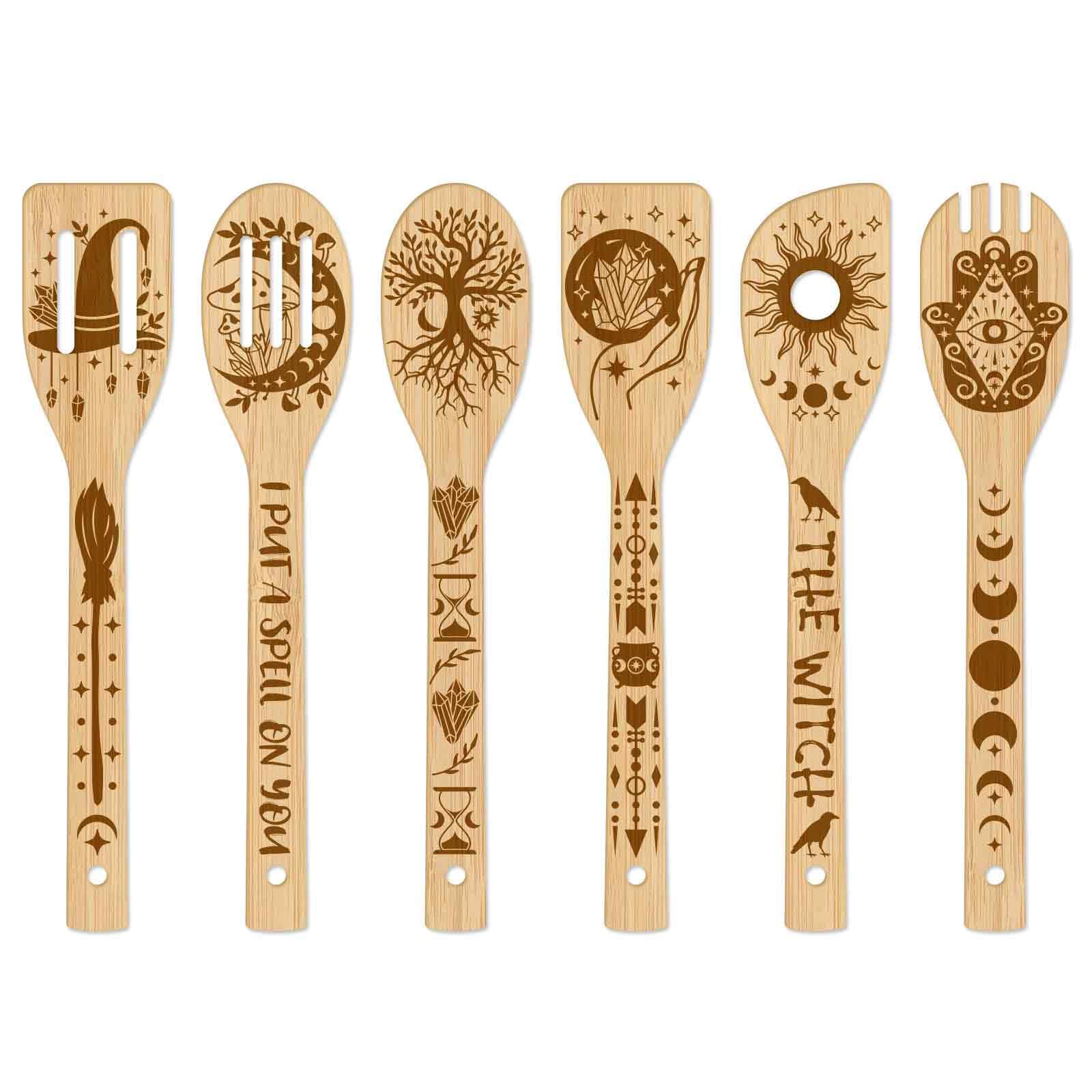 GLOBLELAND 6Pcs Magic Divination Bamboo Cooking Utensils Wooden Engraved Cooking Spoons Set Carving Kitchen Bamboo Spatula Set Wood Cooking Spoon for Kitchen Fun House Mother Friend Women Gift