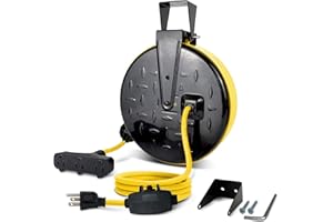GREATIDE 30 Ft Retractable Extension Cord Reel, 16/3 SJTW Power Cord with 3 Electrical Outlets and 10 Amp Circuit Breaker, Ceiling or Wall Mount, Metal Plate, UL Listed, Yellow