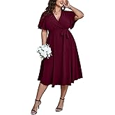 SCOMCHIC Womens Plus Size Wedding Guest Cocktail Midi Dress Summer Short Sleeve Wrap V Neck Belted A-Line Flowy Dress