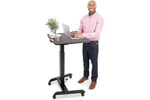 Stand Steady Multifunctional Mobile Podium Desk | Portable Sit to Stand Lectern with Pneumatic Height Adjustment & Tilting Desktop | Rolling Laptop Stand | Mobile Desk for School, Home, Office (Black)
