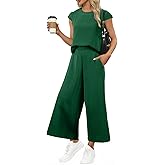 EVALESS Women's Summer 2 Piece Outfits Fashion 2025 Cap Sleeve Top and Wide Leg Pants Matching Set Vacation Outfits