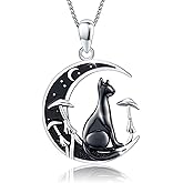 AUDINCCED Black Cat Necklace Turtle Necklace Gothic Jewelry Butterfly Necklace Cat Necklace 925 Sterling Silver Crescent Moon Necklace for Women Cat Gifts for Cat Lovers