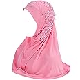 Women One Piece Muslim Hijab Lace Applique Head Wrap Scarf Shawl with Rhinestones